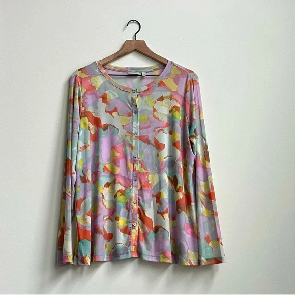 LOGO Layers Lori Goldstein Watercolor Printed Mesh Cardigan Aqua pastel tie dye - Picture 3 of 12